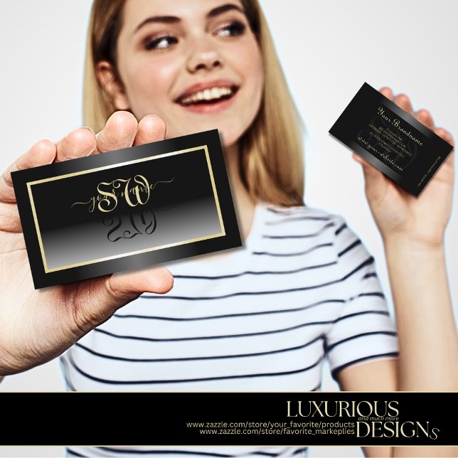 Black White Gradient Champagne Frame and Initials Business Card (Creator Uploaded)
