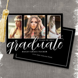 Black & White Graduate Script 3-Photo Graduation Announcement