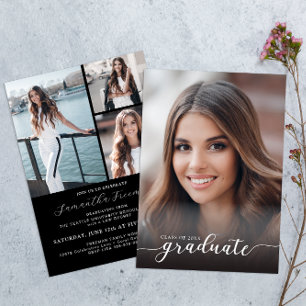 Black & White Graduate Script 4 Photo Graduation  Invitation