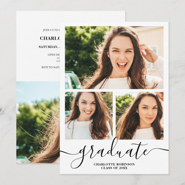 Black white graduate script 4 photos graduation invitation (Front/Back)