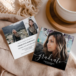 Black white graduate script photo graduation invitation