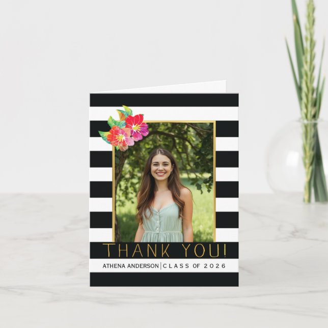 Black, white graduation 2026 pink Thank You photo Card (Front)