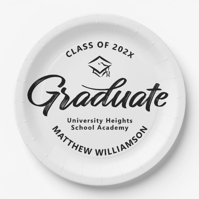 Black White Graduation Bold Retro Script Cap Icon Paper Plate (Front)