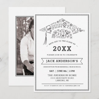 Black & White Graduation Cap Party Invite Photo
