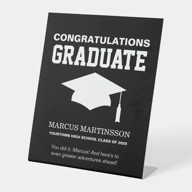  Black White Graduation Party Congratulations  Pedestal Sign (Front)
