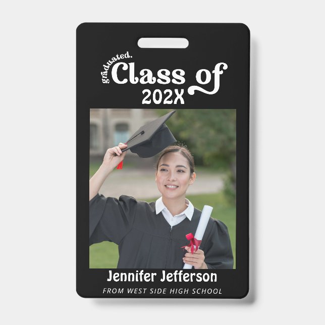 Black & White Graduation Photo Badge ID Badge (Front)