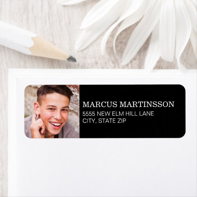 Black White Graduation Photo Return Address Label (Insitu)