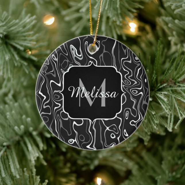 Black white gray damascus abstract swirls Monogram Ceramic Ornament (Tree)