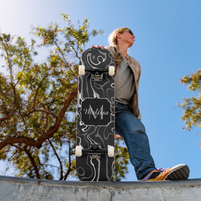 Black white gray damascus abstract swirls Monogram Skateboard (Outdoor 1)