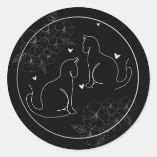 Black White Gray Minimal Drawn Floral Cat Sticker