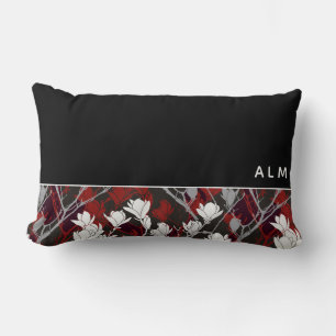 Black White Gray & Red Floral   Monogram Lumbar Cushion