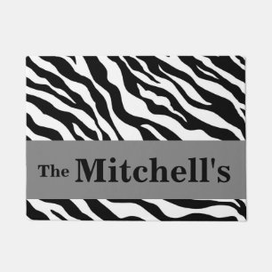 Black White Gray Zebra Skin Name Personalized Doormat