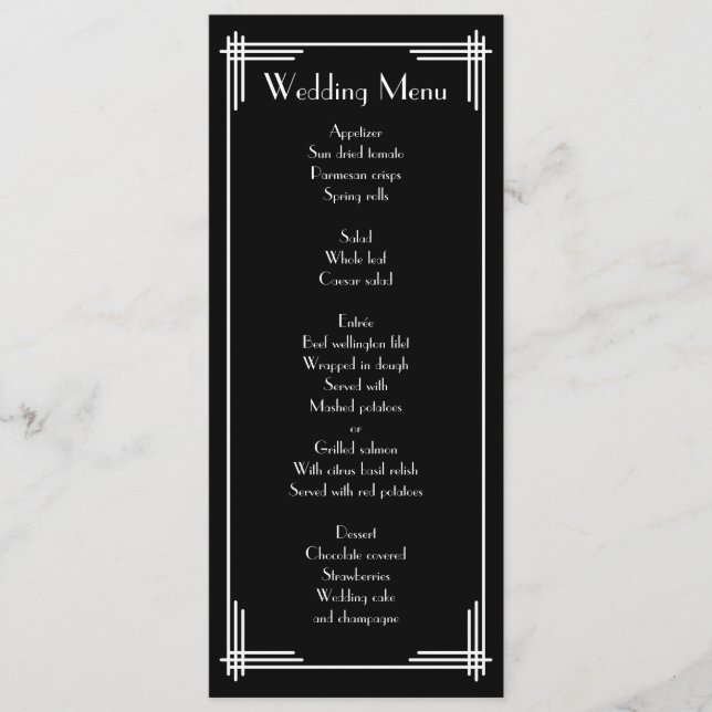 Black White Great Gatsby Art Deco Wedding Menu (Front)