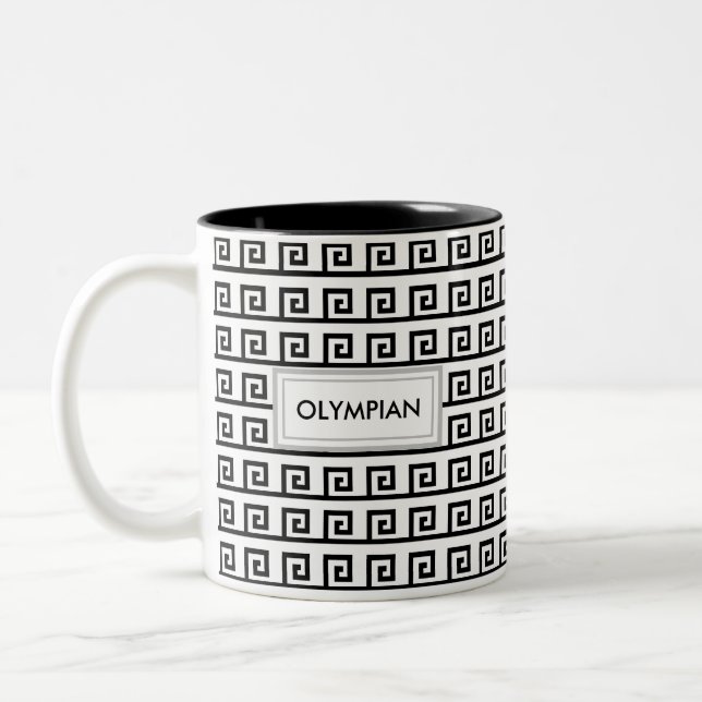 Black & White Greek Geometric Pattern Two-Tone Coffee Mug (Left)