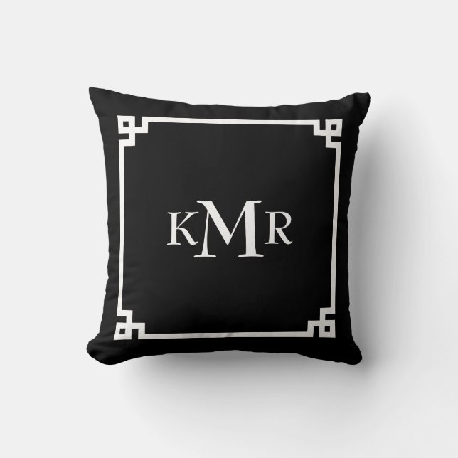 Black White Greek Key Border Custom Monogram Cushion (Front)