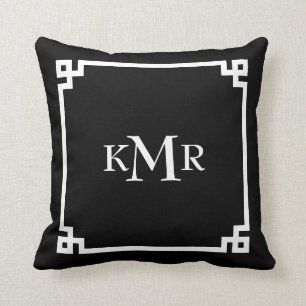 Black White Greek Key Border Custom Monogram Cushion