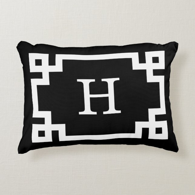 Black White Greek Key Frame #2 Initial Monogram Decorative Cushion (Front)