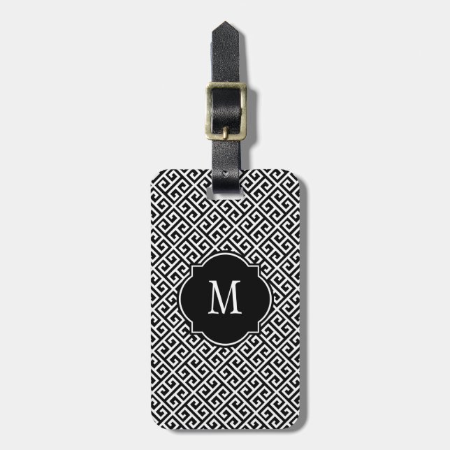 Black & White Greek Key Monogram Luggage Tag (Front Vertical)