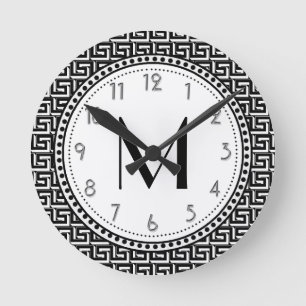 Black White Greek Key Pattern Monogram Round Clock