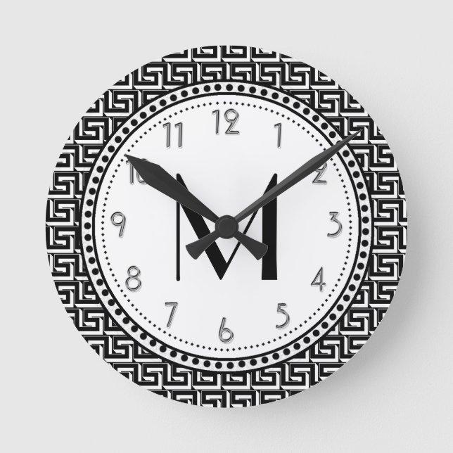 Black | White Greek Key Pattern Monogram Round Clock (Front)