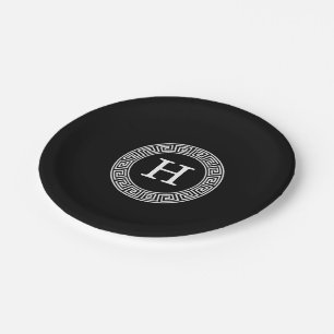 Black White Greek Key Rnd Frame Initial Monogram Paper Plate