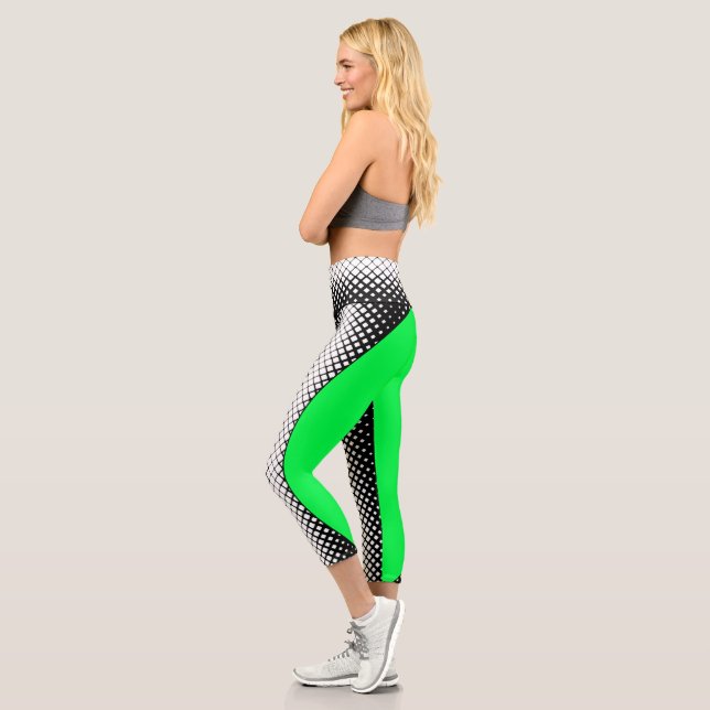 Black, white, green, blocks and oval, modern yoga capri leggings (Left)