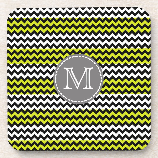 Black White Green Chevron Zigzag Monogram Coaster (Front)
