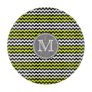 Black White Green Chevron Zigzag Monogram Cutting Board