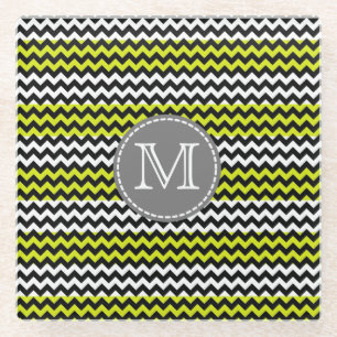 Black White Green Chevron Zigzag Monogram Glass Coaster
