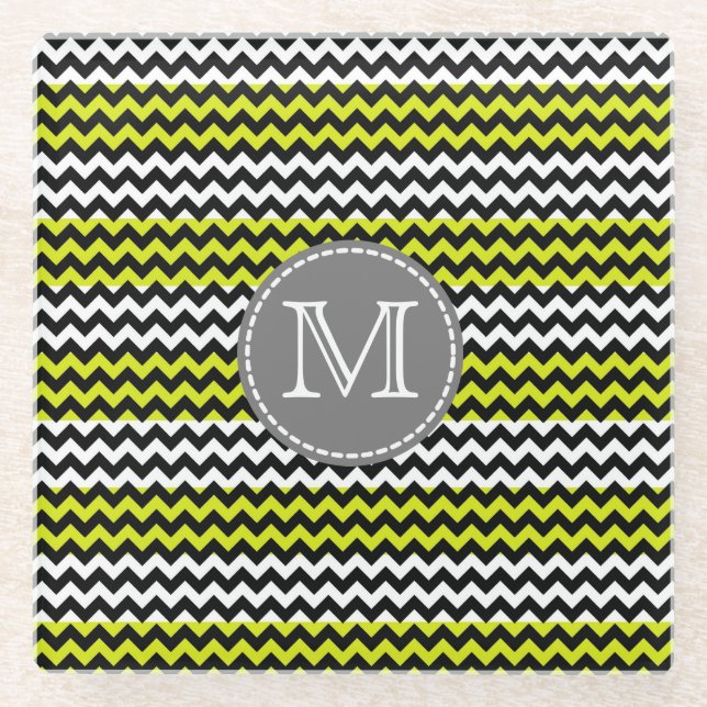 Black White Green Chevron Zigzag Monogram Glass Coaster (Front)