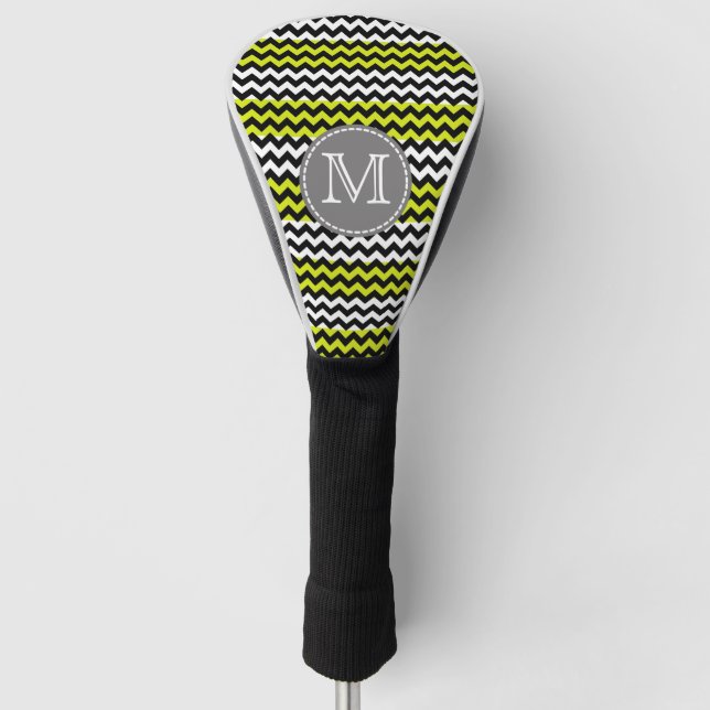 Black White Green Chevron Zigzag Monogram Golf Head Cover (Front)