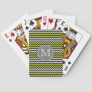 Black White Green Chevron Zigzag Monogram Playing Cards