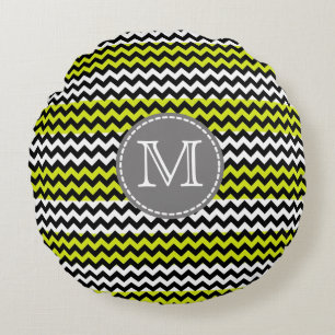 Black White Green Chevron Zigzag Monogram Round Cushion