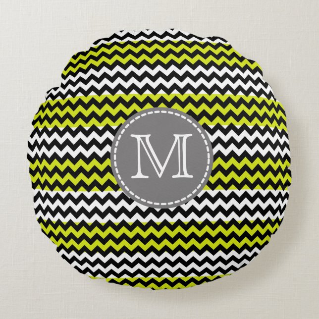 Black White Green Chevron Zigzag Monogram Round Cushion (Front)