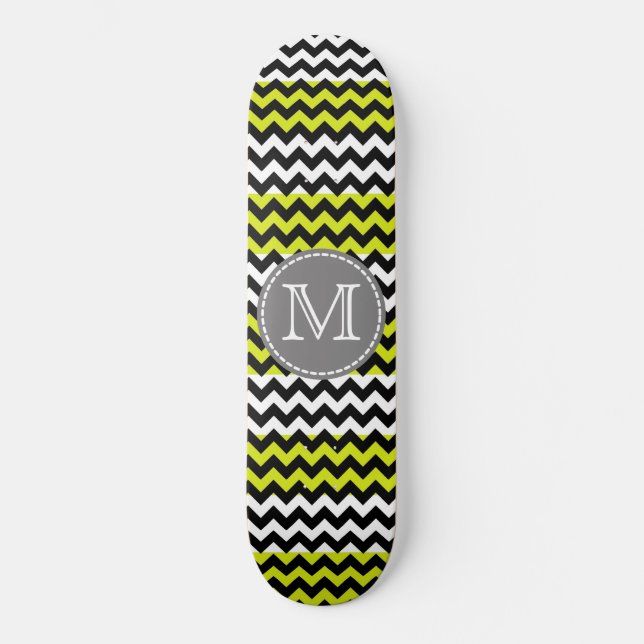 Black White Green Chevron Zigzag Monogram Skateboard (Front)
