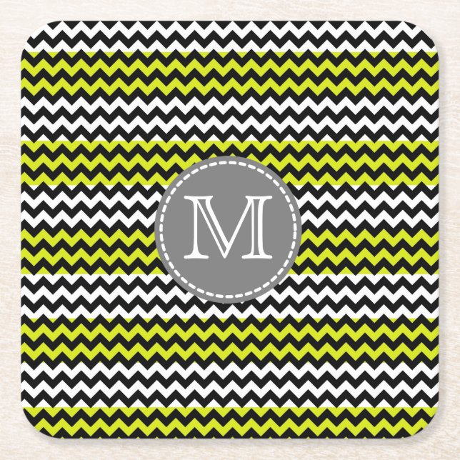 Black White Green Chevron Zigzag Monogram Square Paper Coaster (Front)