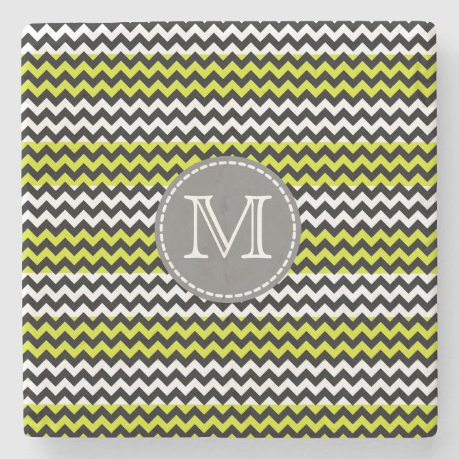 Black White Green Chevron Zigzag Monogram Stone Coaster (Front)