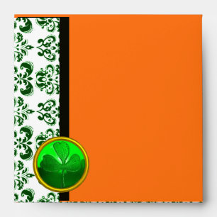 BLACK WHITE , GREEN DAMASK AND SHAMROCK orange Envelopes