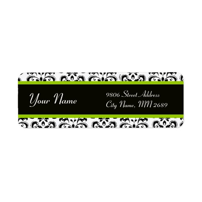 BLACK WHITE GREEN DAMASK RETURN ADDRESS LABEL (Front)
