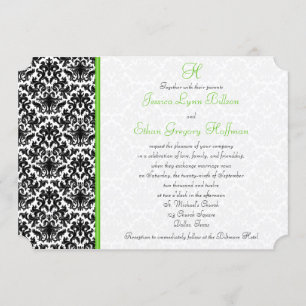 Black, White, Green Damask Wedding Invitation