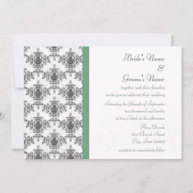 Black White Green Damask Wedding Invitations (Front)