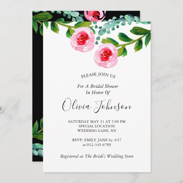 Black White Green  Eucalyptus Floral Bridal Shower Invitation (Front/Back)