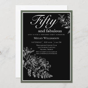 Black White Green Floral 50 and Fabulous Birthday Invitation