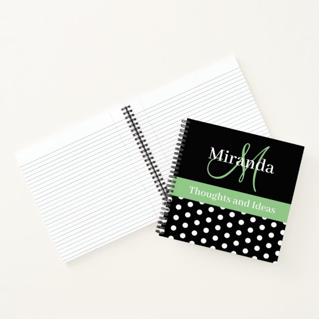Black White Green Monogram Script Polka Dots Notebook (Inside)