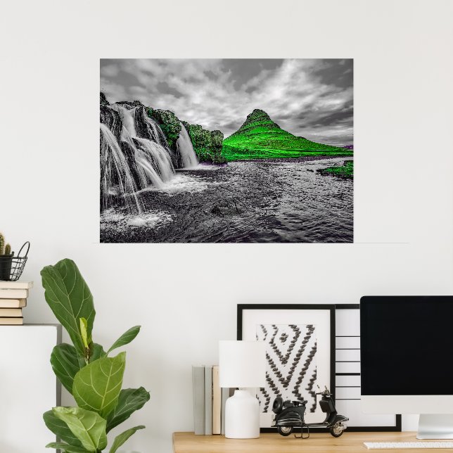 Black White Green Mountain Monochrome Canvas Poster (Home Office)