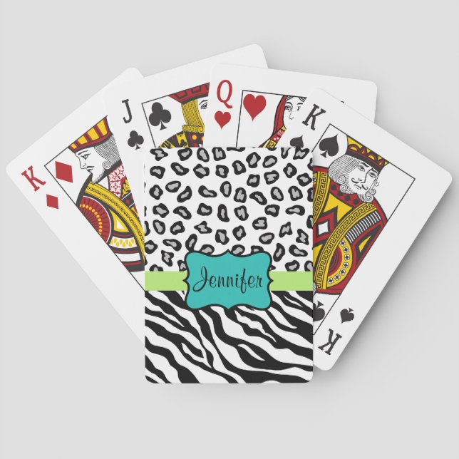 Black White Green & Turquoise Zebra & Cheetah Skin Playing Cards (Back)