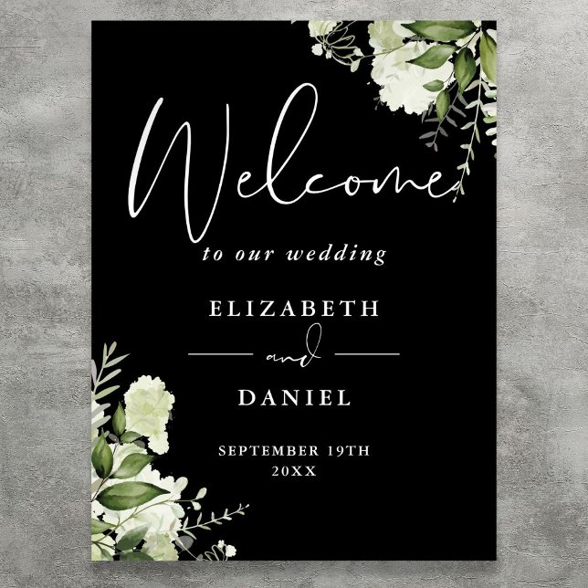 Black White Greenery Floral Wedding Welcome Sign (Black White Greenery Floral Wedding Welcome Sign)