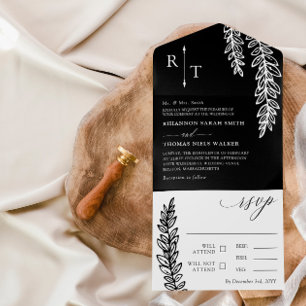 Black White Greenery Monogrammed Wedding All In One Invitation