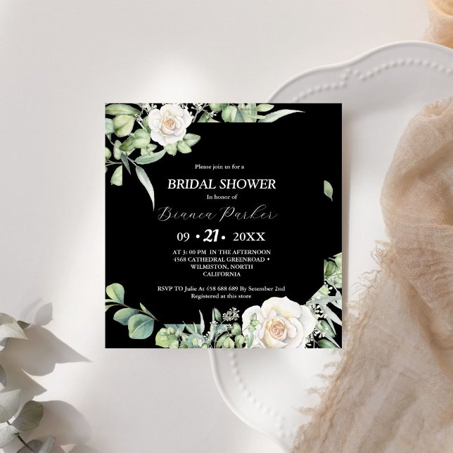 Black & White greenery Square Bridal Shower Invitation (Creator Uploaded)