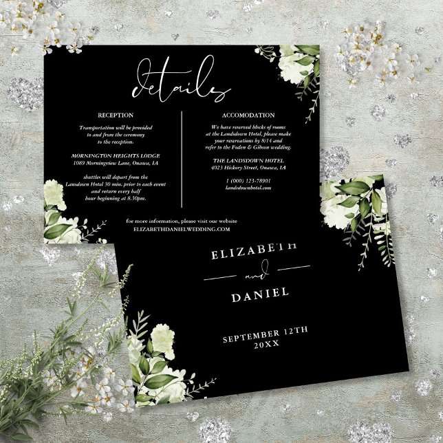 Black White Greenery Wedding Details Info Card (Black White Greenery Wedding Details Info Card)